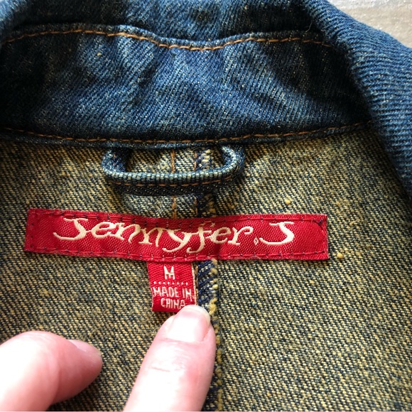 Jennyfer J denim Jean jacket front pockets distressed Patchwork Medium. EC* - Picture 13 of 14